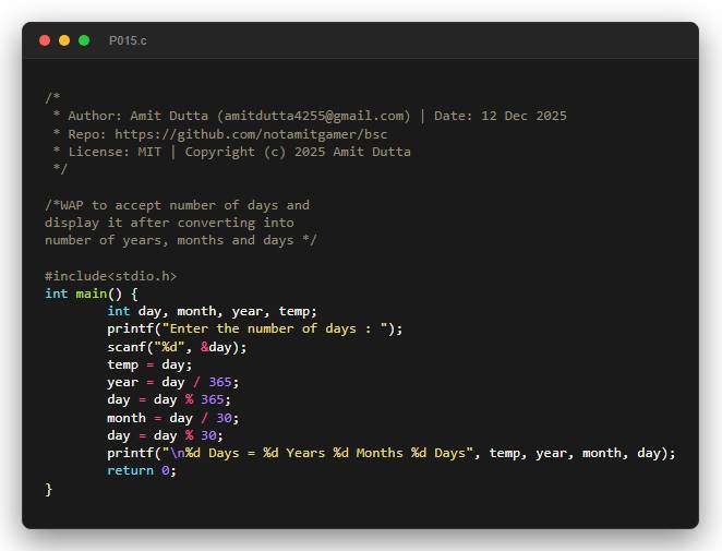 WAP to accept number of days and display it after converting into number of years, months and days